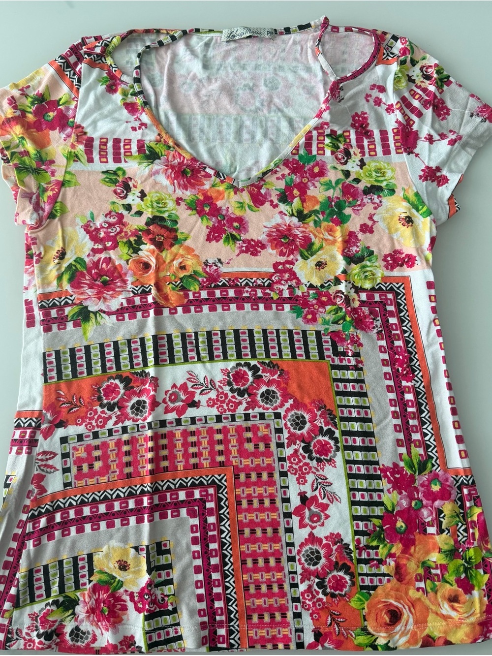 Floral V-Neck Short Sleeve Top - White with Pink & Orange Floral - XS